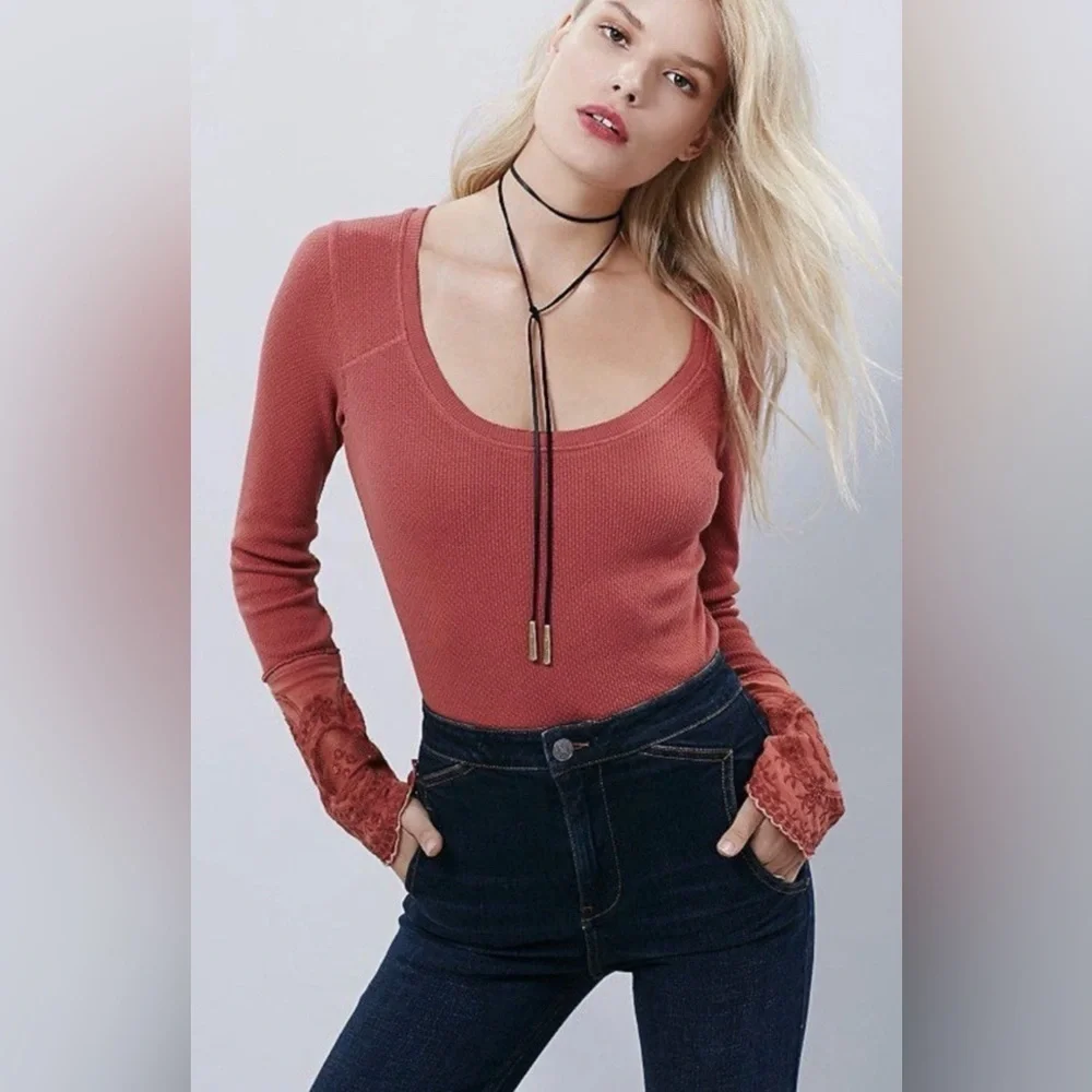 Free People Rust Lovely Lady Lace Crochet Cuff Waffle Thermal Small